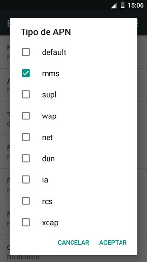 Marque la casilla de verificación mms y seleccione ACEPTAR