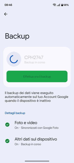 Attendi il completamento del backup