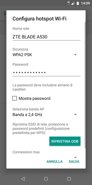 Inserisci una password dell'hotspot Wi-Fi di almeno 8 caratteri e seleziona SALVA