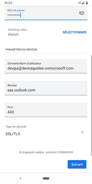 Saisissez votre Nom d'utilisateur et l'adresse du serveur Exchange. Sélectionnez Suivant