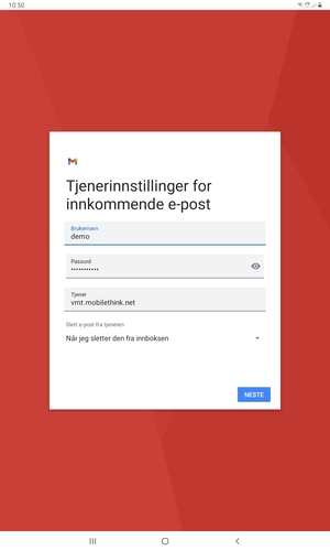Skriv inn Brukernavn og innkommende serveradresse. Velg NESTE