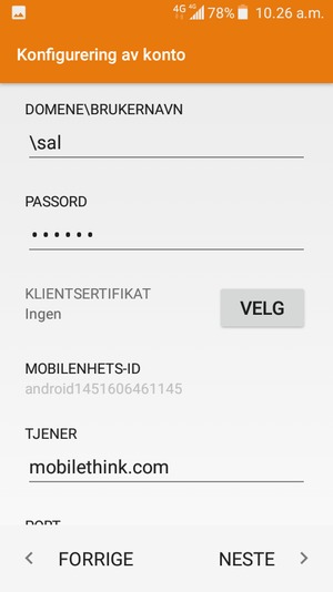 Skriv inn BRUKERNAVN og Exchange serveradresse. Velg NESTE