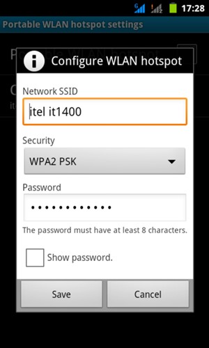 Enter a Wi-Fi hotspot password of at least 8 characters and select Save