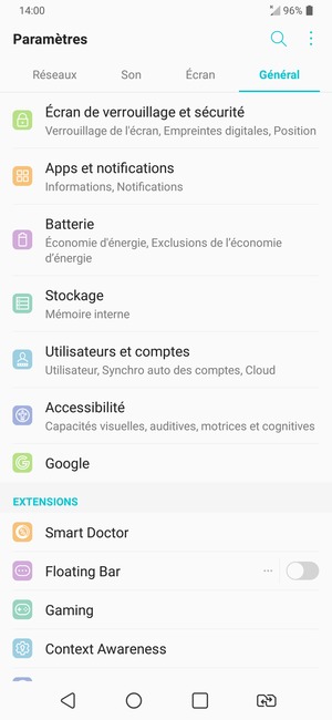 Retournez au menu Général et sélectionnez Utilisateurs et comptes