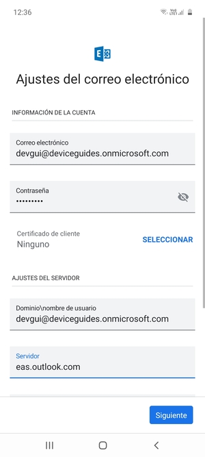 Introduzca Nombre de usuario y la dirección de servidor Exchange. Seleccione Siguiente