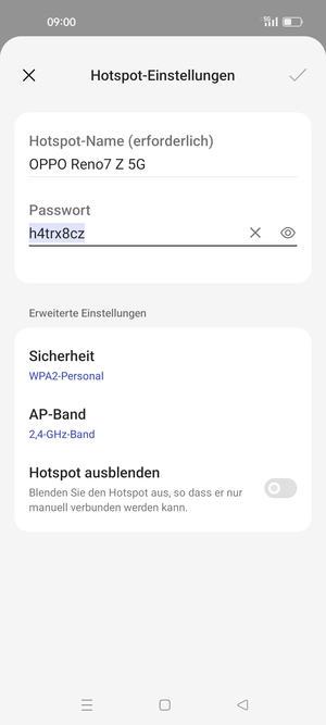 Geben Sie eine WLAN-Hotspot-Passwort mit mindestens 8 Zeichen ein und wählen Sie OK