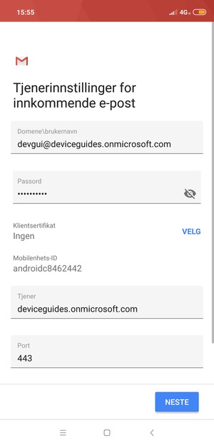 Skriv inn Exchange-serveradresse og velg NESTE