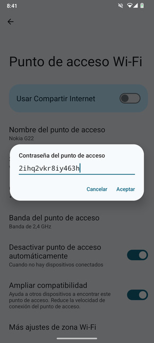 Introduzca una contraseña de punto de acceso Wi-Fi de al menos 8 caracteres y seleccione Aceptar