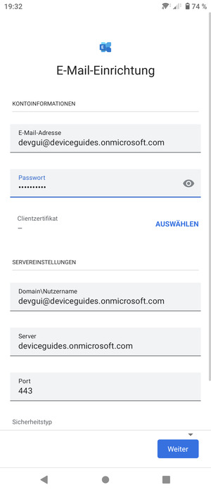 Geben Sie Benutzername und Exchange Server-Adresse ein. Wählen Sie Weiter