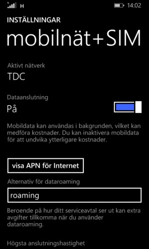Välj Alternativ för dataroaming