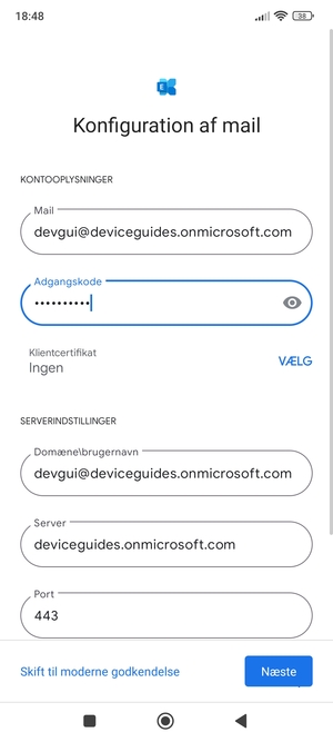Indtast Brugernavn og Exchange serveradresse. Vælg Næste