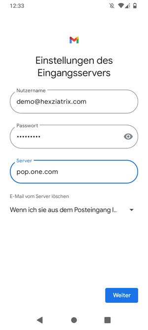 Geben Sie Benutzername und die Server-Adresse für eingehende Post ein. Wählen Sie Weiter