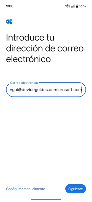 Introduzca su Dirección de correo electrónico y seleccione Configurar manualmente