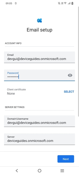 Enter Username and Exchange server address. Select Next