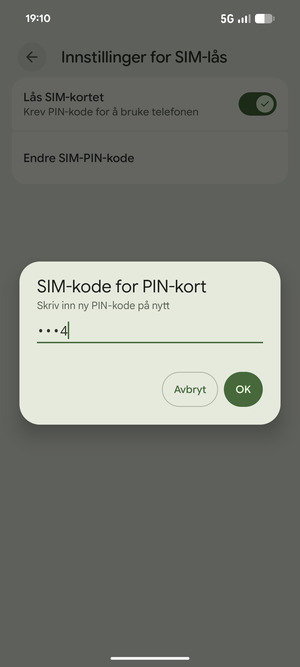 Bekreft din nye PIN-kode for SIM-kort og velg OK