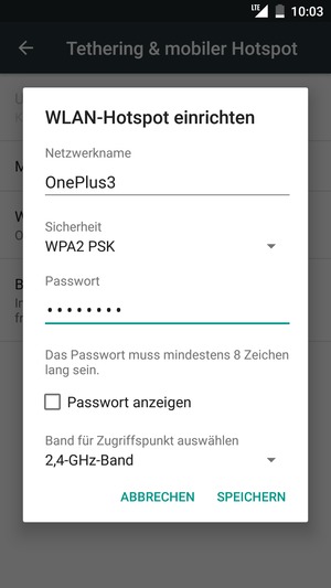 Geben Sie eine WLAN-Hotspot-Passwort mit mindestens 8 Zeichen ein und wählen Sie SPEICHERN