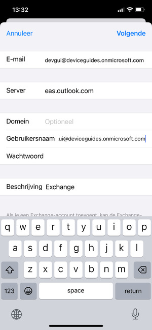 Voer uw Exchange e-mailgegevens in en selecteer Volgende