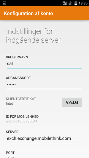Indtast Brugernavn og Exchange serveradresse