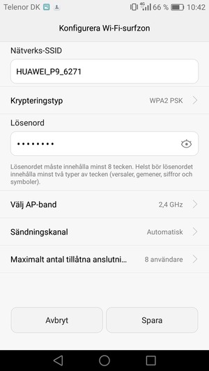 Ange ett lösenord för Wi-Fi-hotspoten, bestående av minst 8 tecken och välj Spara