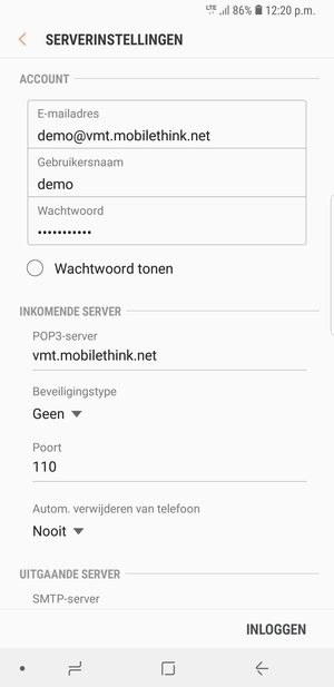 Voer Gebruikersnaam en binnenkomend serveradres in