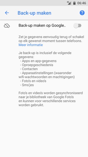 Schakel Back-up maken op Google.. in
