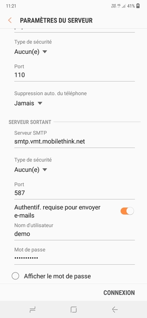 Faites défiler vers le bas et saisissez l'adresse du serveur sortant