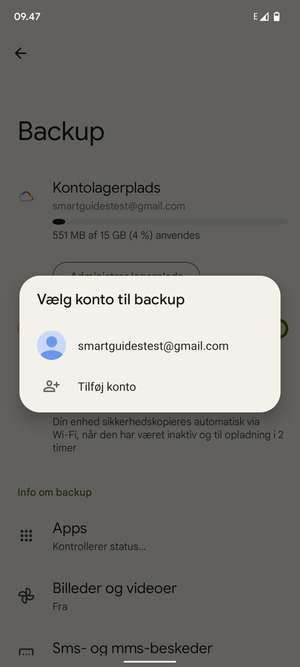 Vælg din sikkerhedskopi-konto