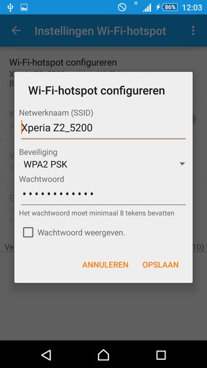 Voer een wachtwoord van een WiFi-hotspot in van ten minste 8 tekens en selecteer OPSLAAN