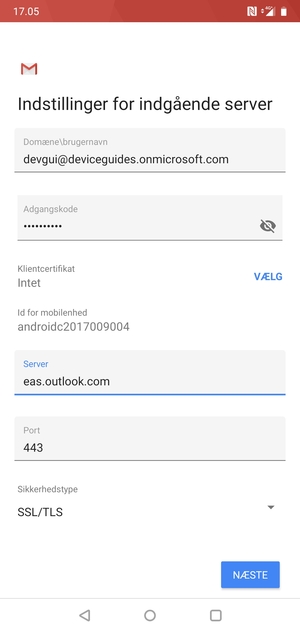 Indtast Brugernavn og Exchange serveradresse. Vælg NÆSTE