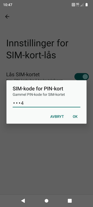 Skriv inn Gammel PIN-kode for SIM-kort og velg OK