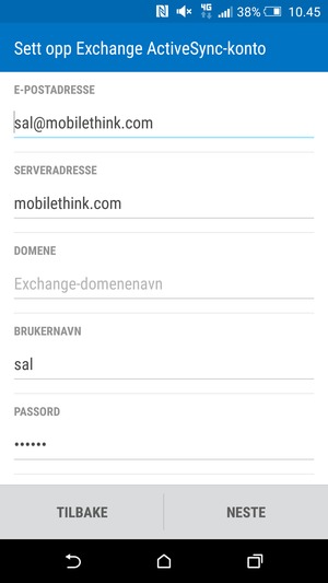 Skriv inn Exchange serveradresse og Brukernavn. Velg NESTE