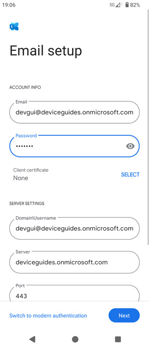 Enter Username and Exchange server address. Select Next