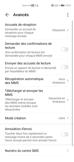 Sélectionnez Numéro du centre SMS