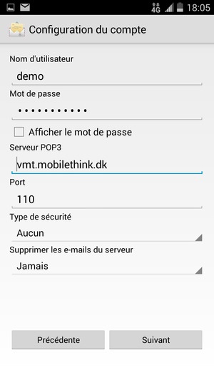 Saisissez votre Nom d'utilisateur et l'adresse du serveur entrant. Sélectionnez Suivant