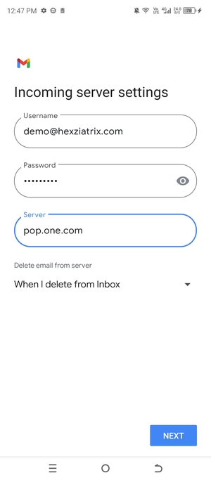 Enter Username and Incoming server address. Select NEXT