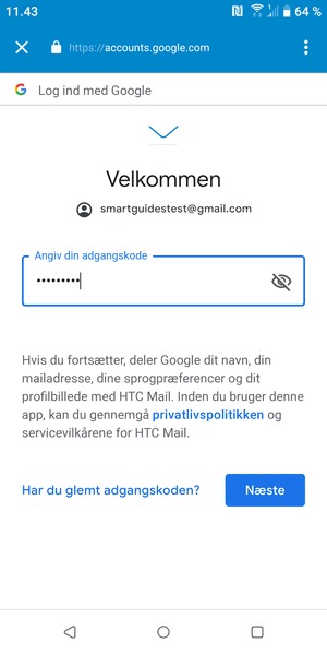 Indtast din adgangskode og vælg Næste