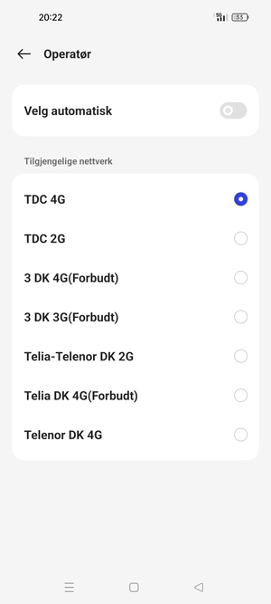 Velg en nettverksoperatør fra listen