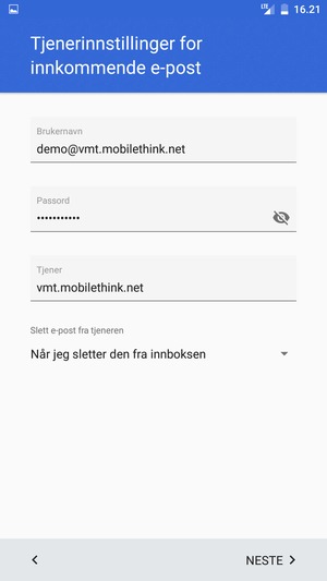Skriv inn Brukernavn og innkommende serveradresse. Velg NESTE