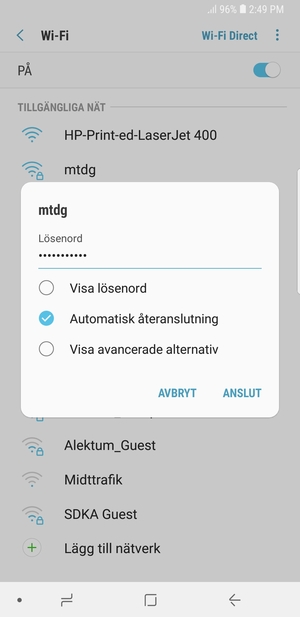 Ange lösenord till Wi-Fi och välj ANSLUT