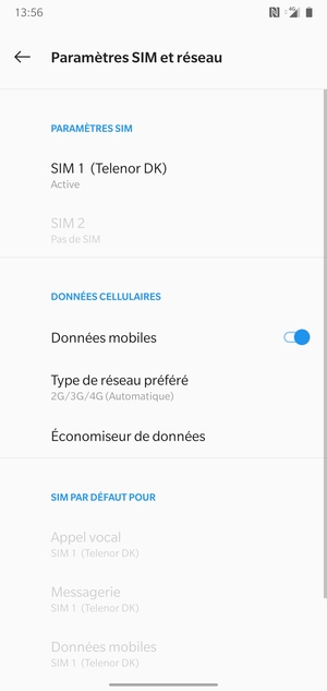 Sélectionnez SIM 1 ou SIM 2