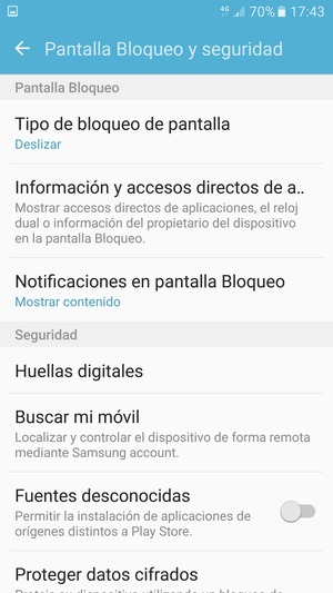 Para activar su bloqueo de pantalla, vaya al menú Pantalla bloqueo y seguridad y seleccione Tipo de bloqueo de pantalla