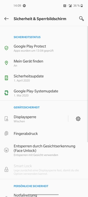 Um Ihre Bildschirmsperre zu aktivieren, gehen Sie zum Sicherheit & Sperrbildschirm Menü und wählen Sie  Displaysperre
