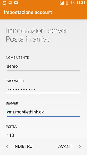 Inserisci NOME UTENTE e l'indirizzo del server arrivo. Seleziona AVANTI