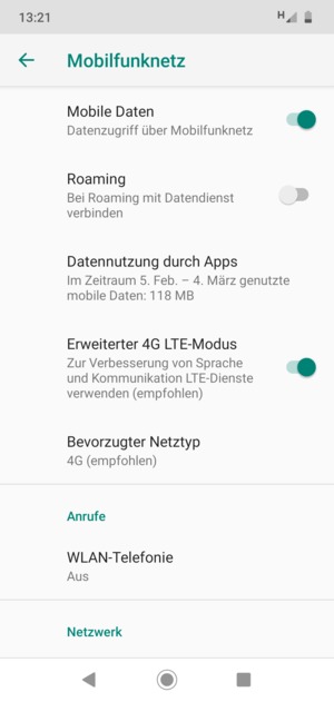 Wählen Sie Bevorzugter Netztyp