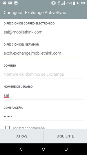 Introduzca dirección del servidor Exchange y NOMBRE DE USUARIO. Seleccione SIGUIENTE