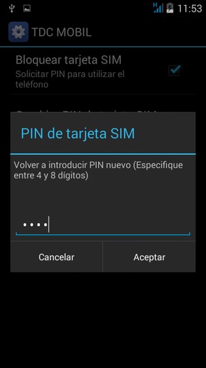 Confirme nuevo PIN de tarjeta SIM y seleccione Aceptar