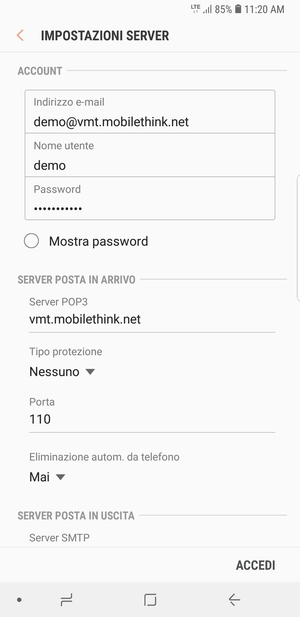 Inserisci Nome utente e l'indirizzo del server di posta in arrivo