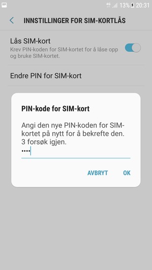 Bekreft din nye PIN-kode for SIM-kort og velg OK