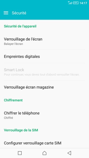 Pour activer votre écran de verrouillage, allez dans le menu Sécurité et sélectionnez Verrouillage de l'écran