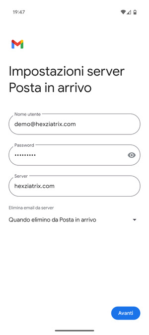 Inserisci Nome utente e l'indirizzo del server di posta in arrivo. Seleziona Avanti